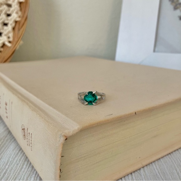 Art Deco Green Stone Emerald Square Cut Ring “Aiden” Diamond Forest Earthy Elven - Picture 4 of 14